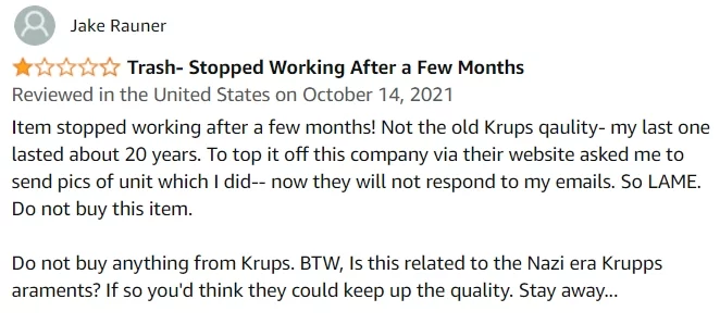 Top Negative Review for The KRUPS F203