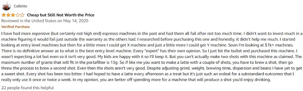Top Negative Review for The Capresso EC50 Espresso Machine
