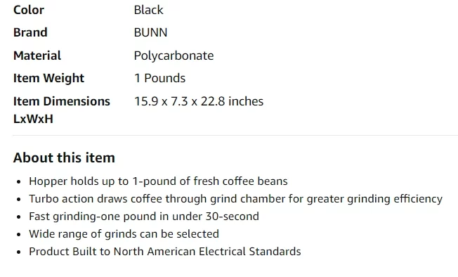 Description / Features of The BUNN 1-Pound Bulk Coffee Grinder Review