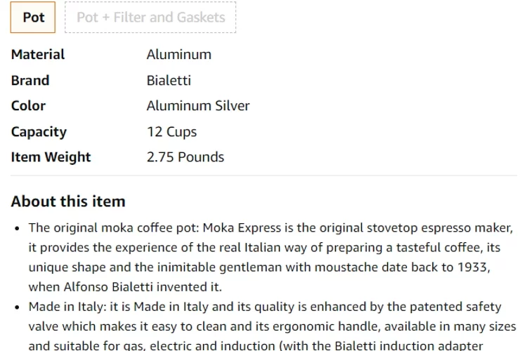 Full Features of the Bialetti Moka Express 12 Cup Espresso Maker