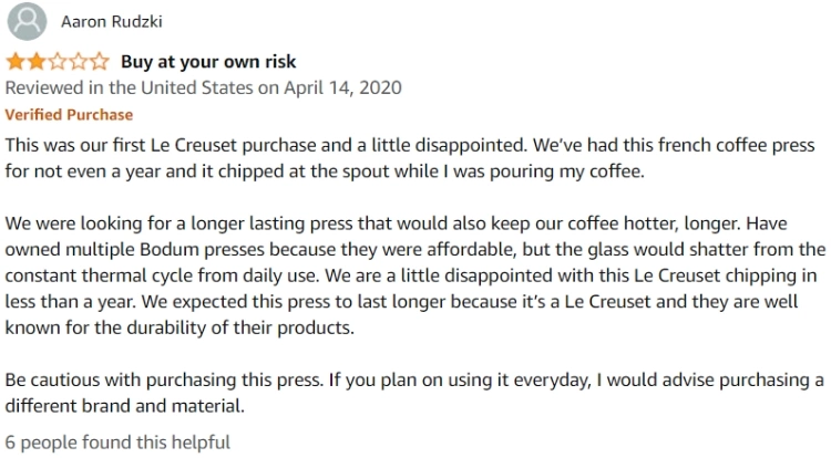 Top Negative Review for the Le Creuset Stoneware French Press
