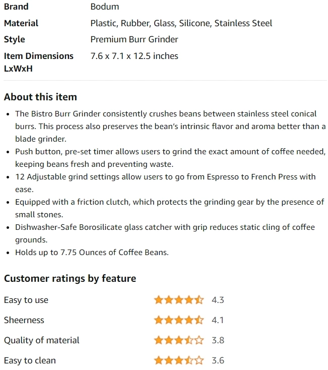 Full Features of the Bodum Bistro Coffee Grinder
