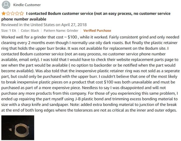 Top Negative Review for The Bodum Bistro Grinder