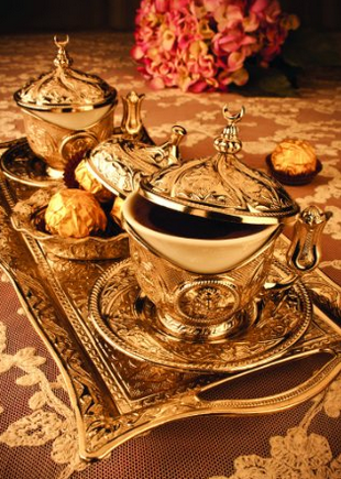 Tiryaki UNIQUE Oriental 11 Piece Espresso Turkish Coffee SET For 2 (2 Porcelain Cups,2 Copper Cup Holders,2 Lids,2 Saucers,1 Tray,1 Sugar Cup And Lid)