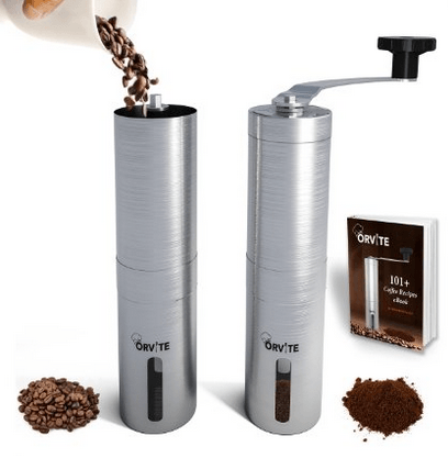 Orvite Ceramic Burr Manual Coffee Grinder - Portable Stainless Steel Conical Mill With Hand Crank - Aeropress & Espresso Compatible